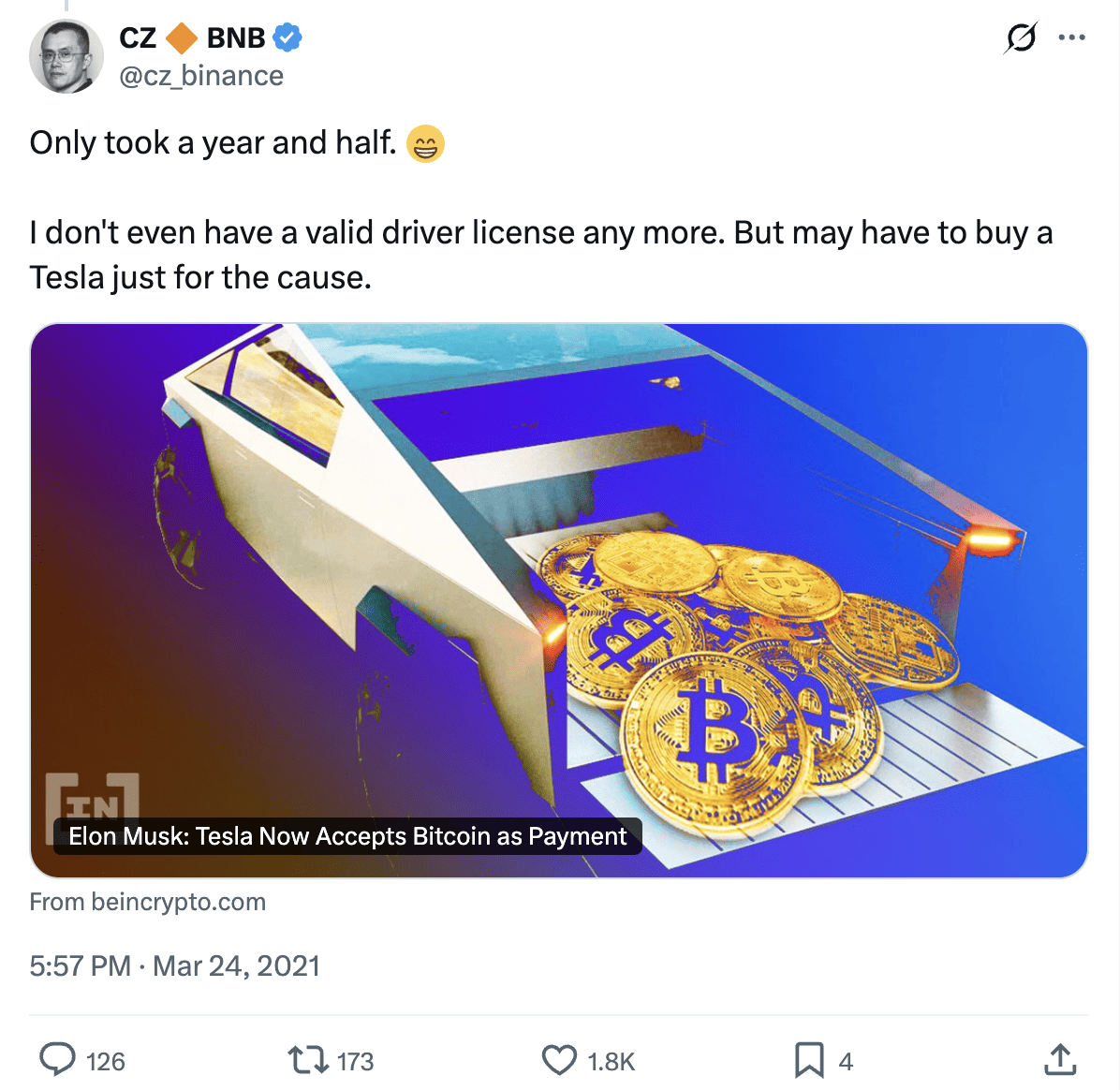 Screenshot of CZ post: May have to buy a Tesla just for the cause.